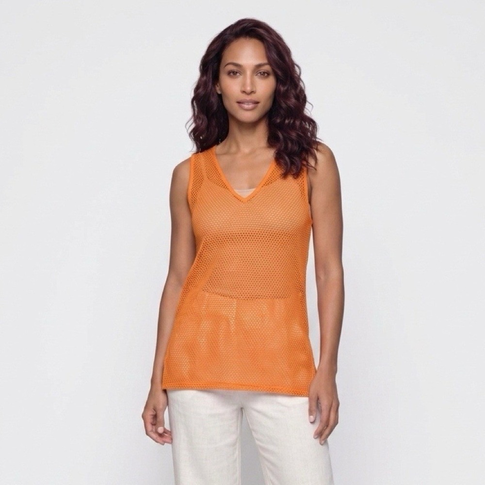 Y2K Trendy Looks Mesh Knit Tunic Women Medium Orange V-Neck Rayon Coverup - Picture 1 of 13